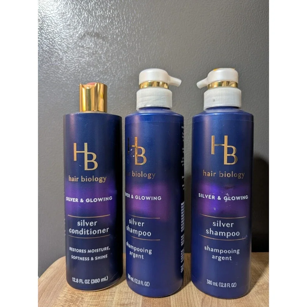 3 HB Hair Biology Silver & Glowing Purple Shampoo + Conditioner Blonde Gray 12.8